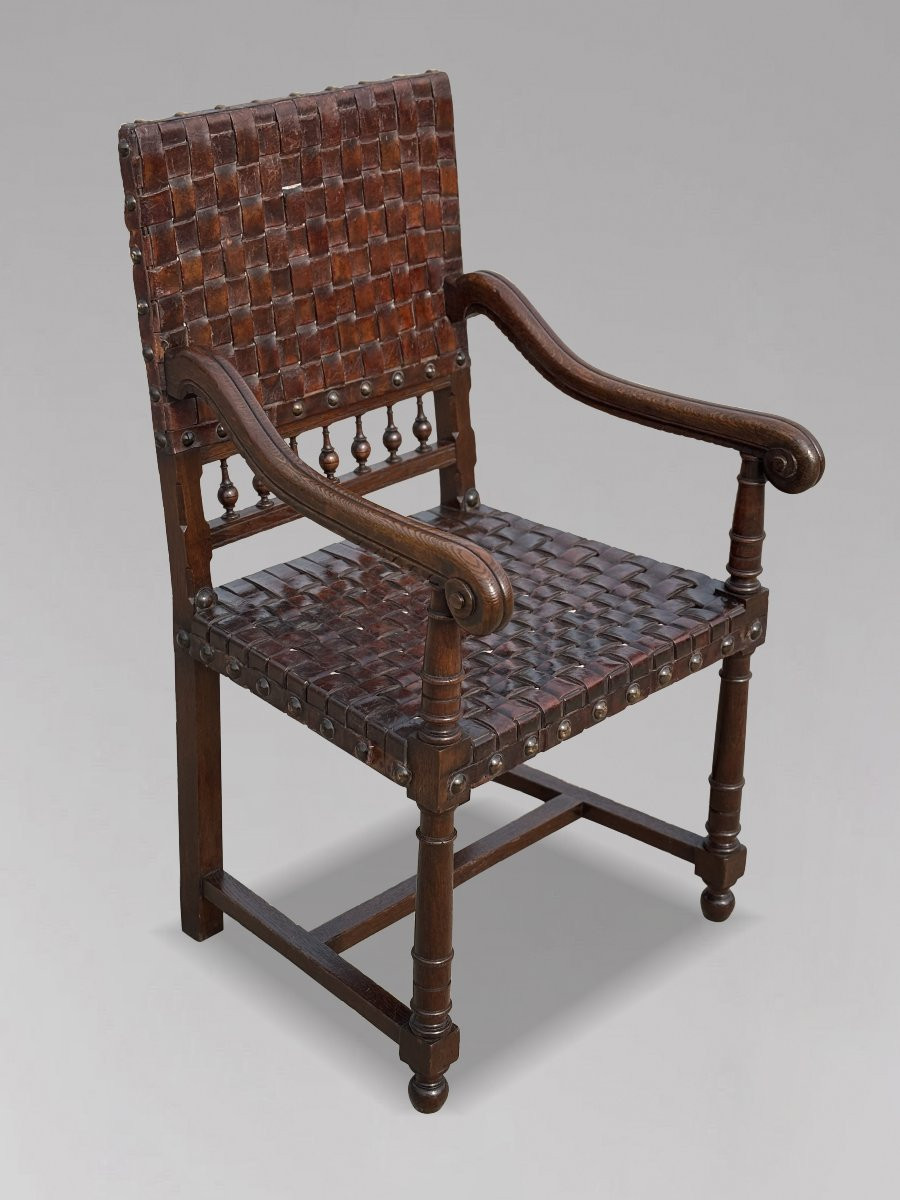 19ème Siècle, Paire de Fauteuils en Chêne et Cuir Tressé -photo-3