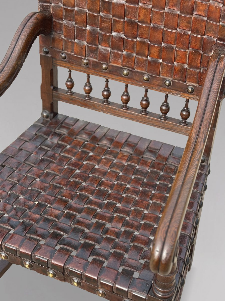 19ème Siècle, Paire de Fauteuils en Chêne et Cuir Tressé -photo-1