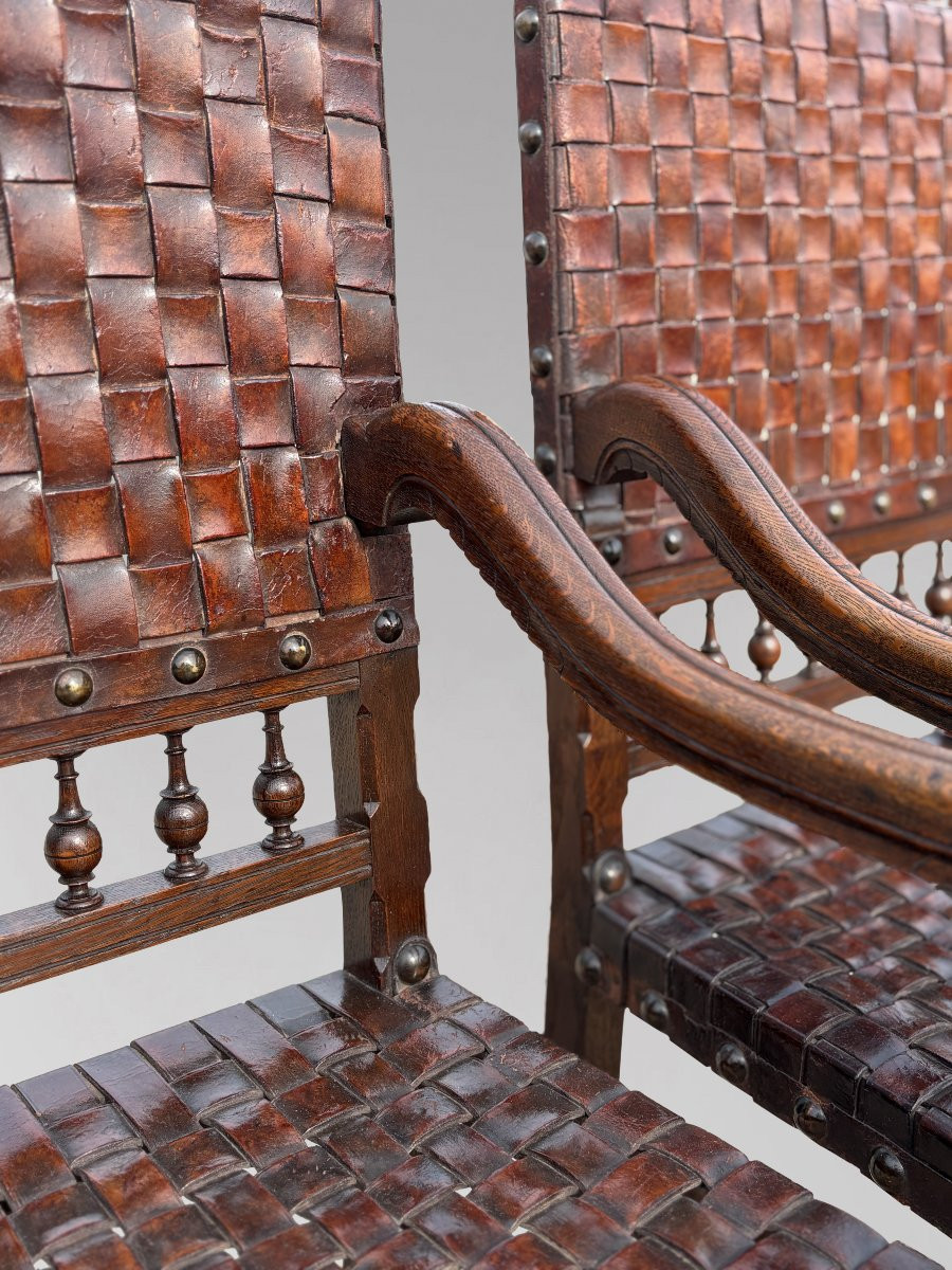 19ème Siècle, Paire de Fauteuils en Chêne et Cuir Tressé -photo-2