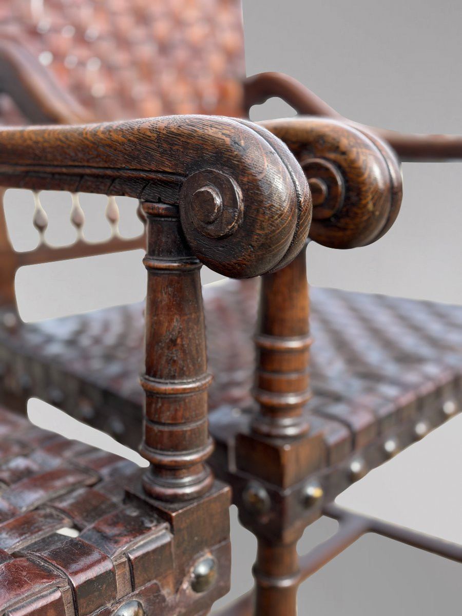 19ème Siècle, Paire de Fauteuils en Chêne et Cuir Tressé -photo-8