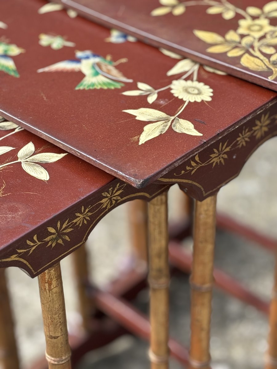 19ème Siècle, Ensemble de Quatre Tables Gigognes Peintes aux Motifs Floraux-photo-3