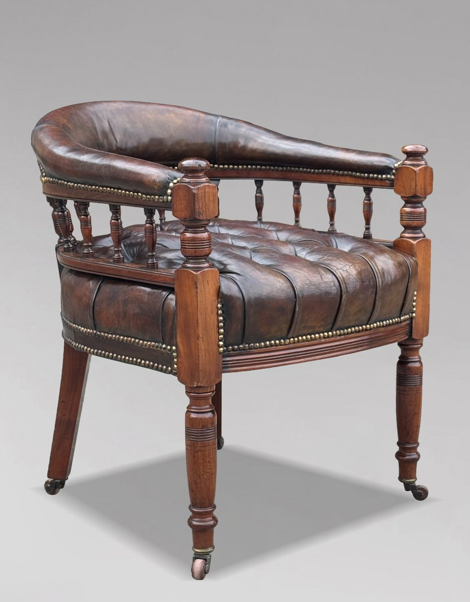 19ème Siècle, Fauteuil de Bureau en Acajou et Cuir, Époque Victorienne-photo-2