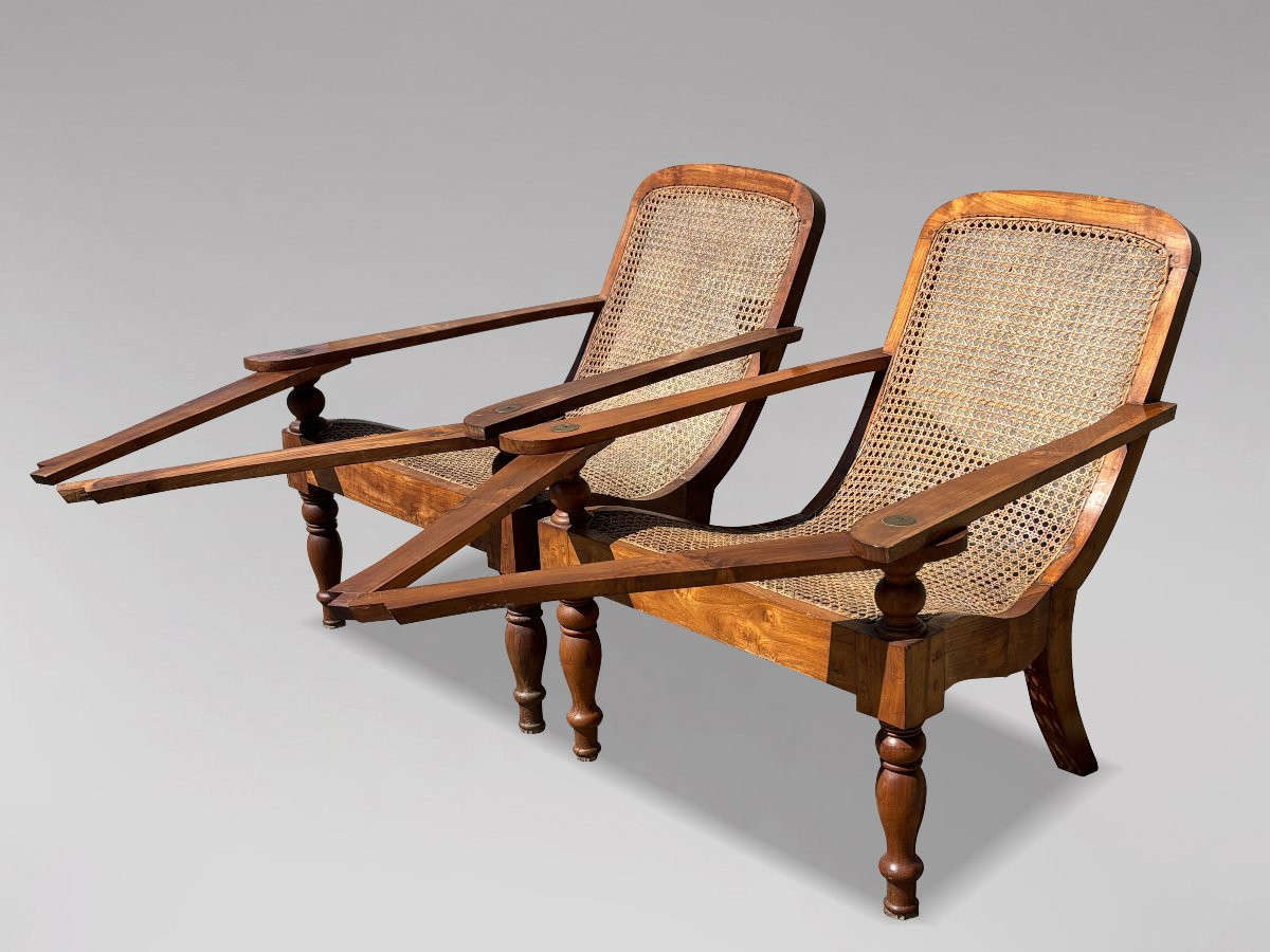 Pair Of Large Early 20th Century Teak & Cane Colonial Plantation Chairs-photo-2