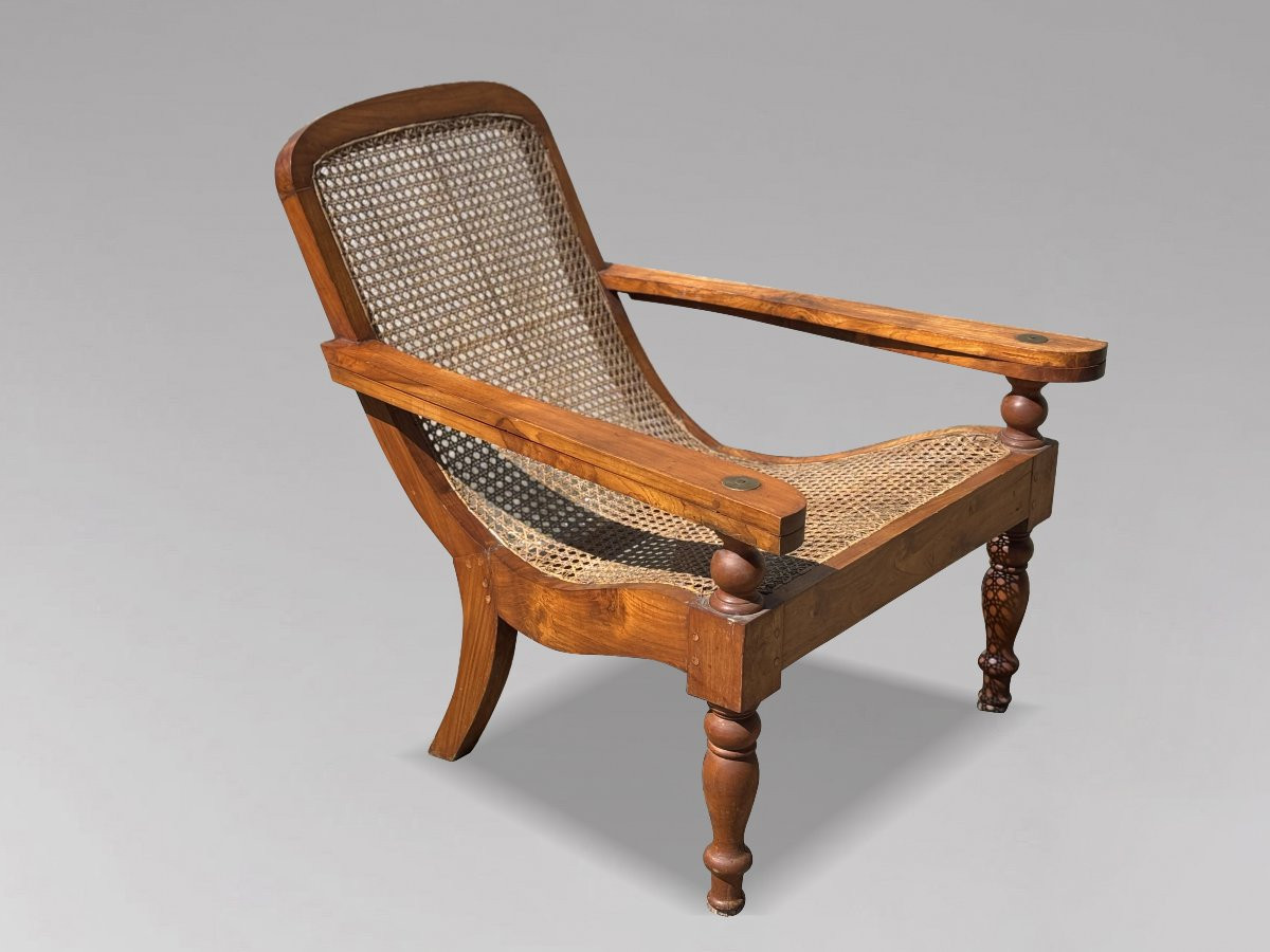 Pair Of Large Early 20th Century Teak & Cane Colonial Plantation Chairs-photo-3