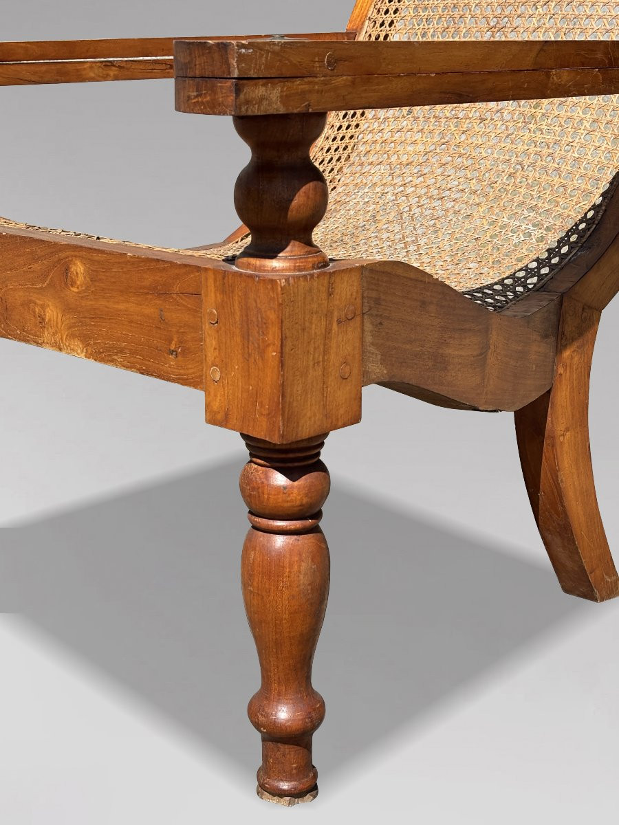 Pair Of Large Early 20th Century Teak & Cane Colonial Plantation Chairs-photo-3