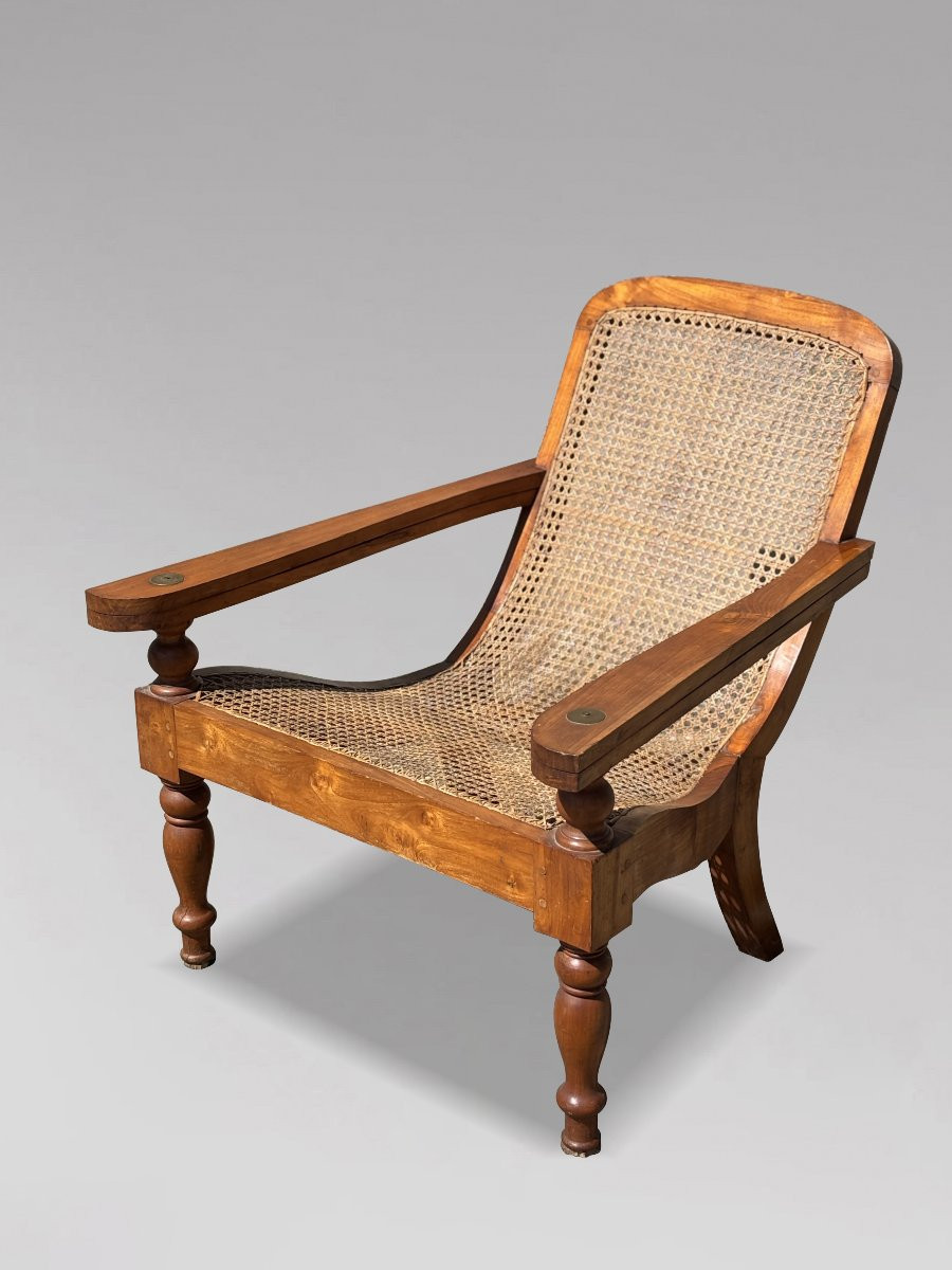 Pair Of Large Early 20th Century Teak & Cane Colonial Plantation Chairs-photo-4