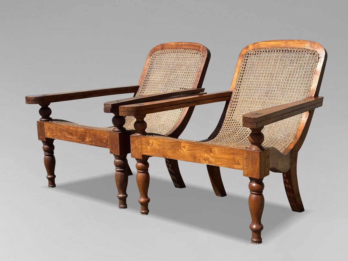 Pair Of Large Early 20th Century Teak & Cane Colonial Plantation Chairs-photo-5