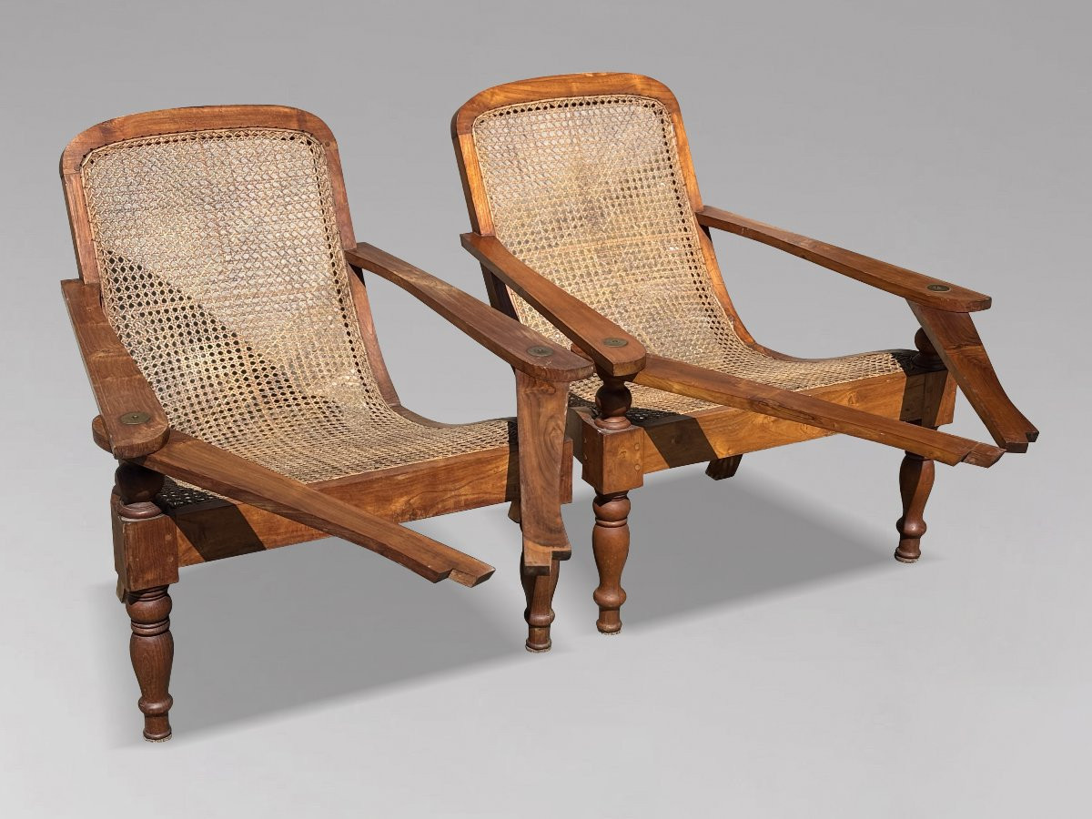 Pair Of Large Early 20th Century Teak & Cane Colonial Plantation Chairs-photo-6