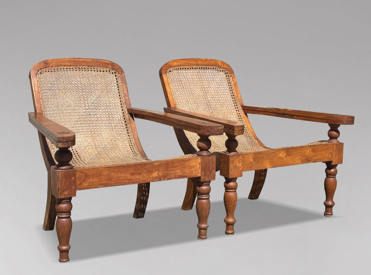 Pair Of Large Early 20th Century Teak & Cane Colonial Plantation Chairs
