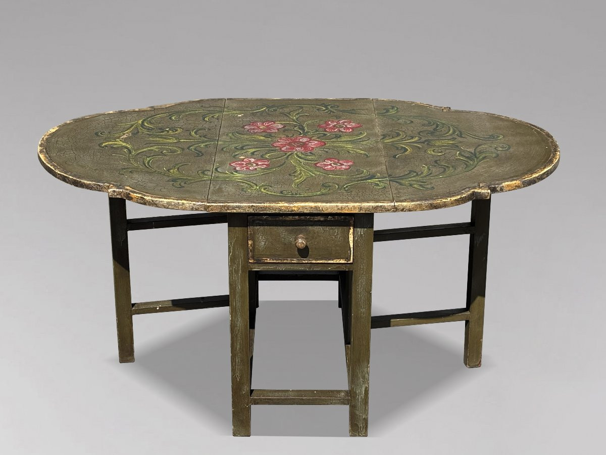 Early 20th Century Italian Green Painted Drop-leaf Dining Table-photo-2