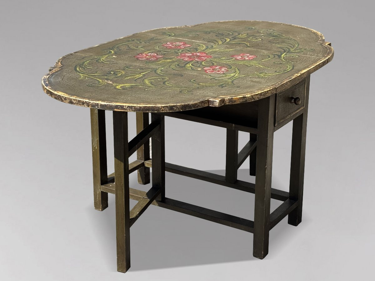 Early 20th Century Italian Green Painted Drop-leaf Dining Table-photo-3
