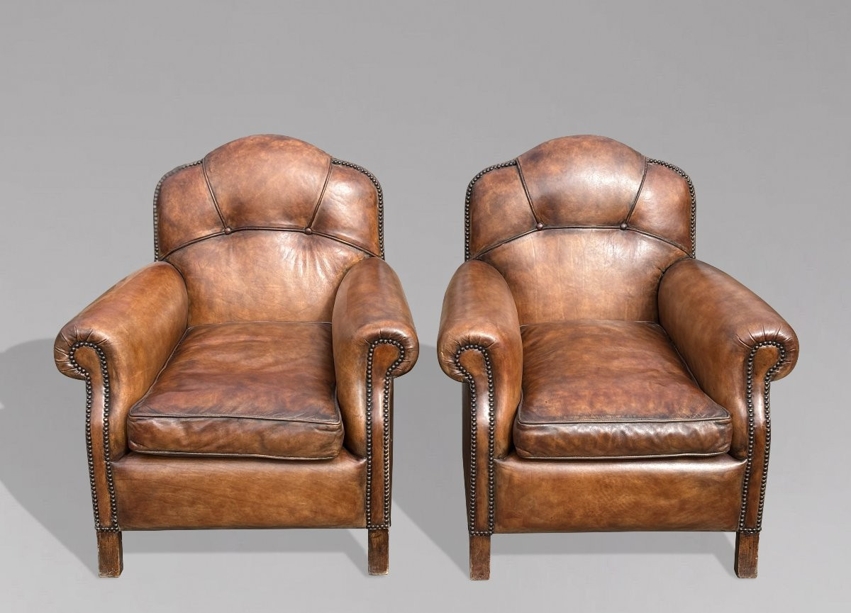 Pair Of 20th Century French Brown Leather Club Armchairs-photo-2