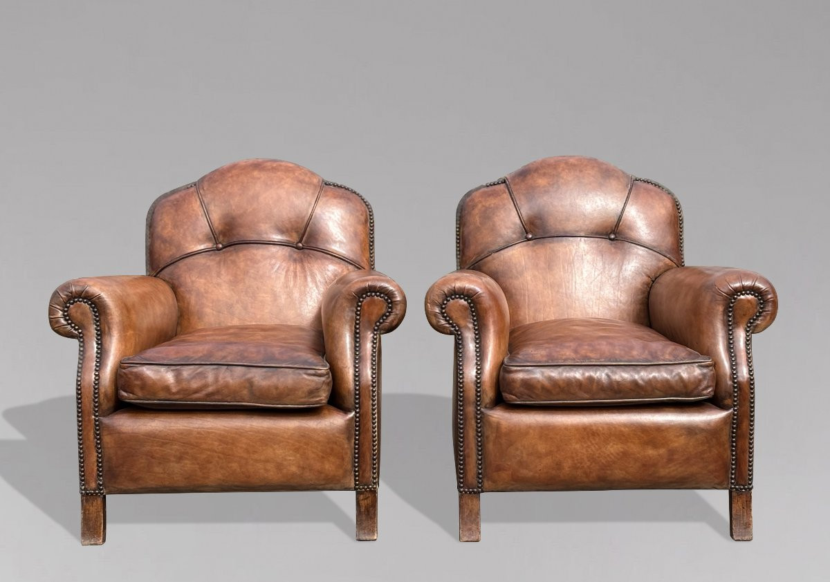 Pair Of 20th Century French Brown Leather Club Armchairs-photo-3