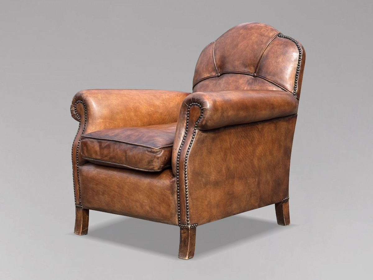 Pair Of 20th Century French Brown Leather Club Armchairs-photo-4