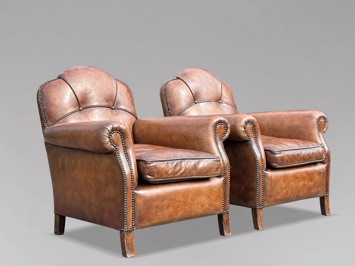 Pair Of 20th Century French Brown Leather Club Armchairs-photo-3