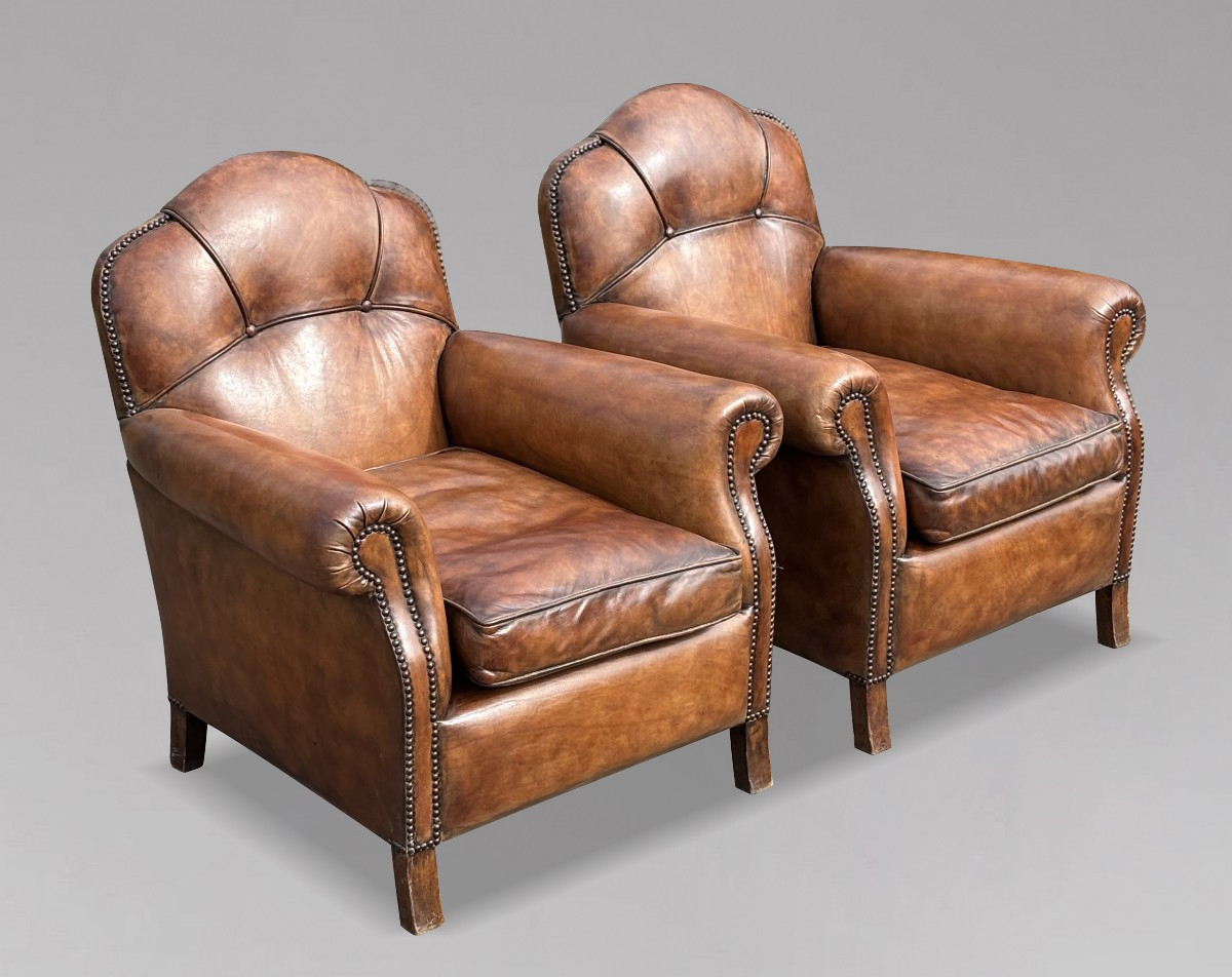 Pair Of 20th Century French Brown Leather Club Armchairs