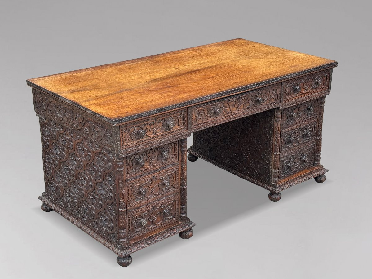 19ème Siècle, Bureau Anglo-Indien en Padouk Sculpté-photo-8