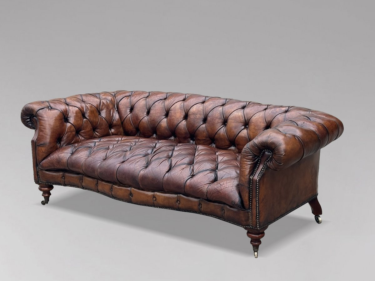 19ème Siècle, Canapé Chesterfield en Cuir Marron, Période Victorienne-photo-2