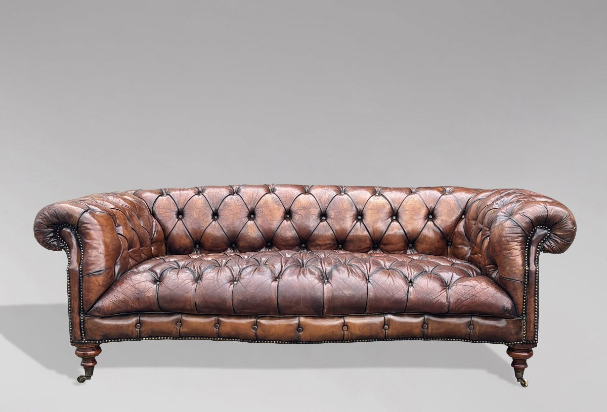 19ème Siècle, Canapé Chesterfield en Cuir Marron, Période Victorienne-photo-3