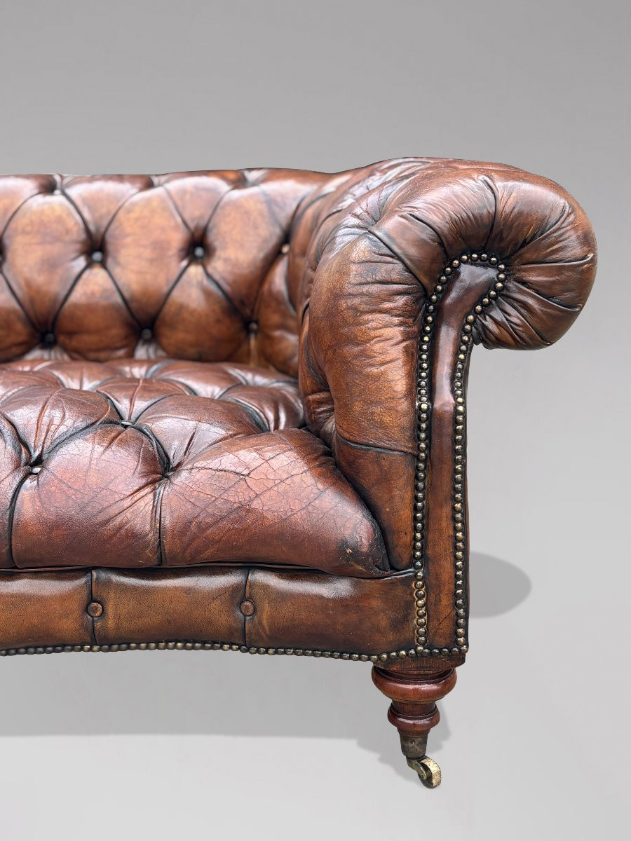 19ème Siècle, Canapé Chesterfield en Cuir Marron, Période Victorienne-photo-2