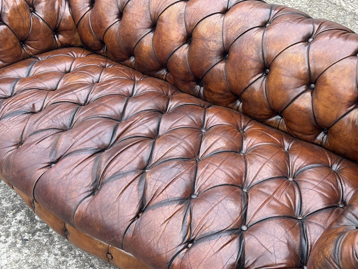 19ème Siècle, Canapé Chesterfield en Cuir Marron, Période Victorienne-photo-3