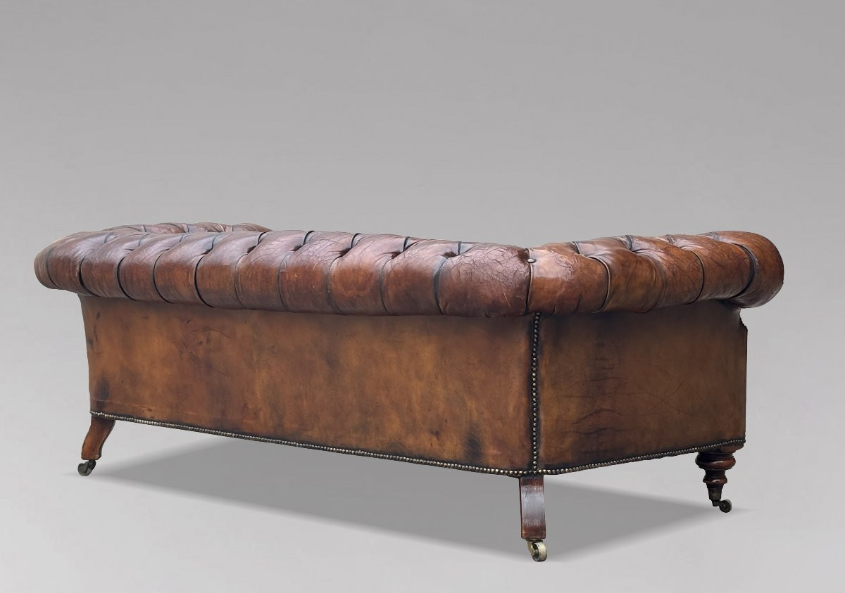 19ème Siècle, Canapé Chesterfield en Cuir Marron, Période Victorienne-photo-4