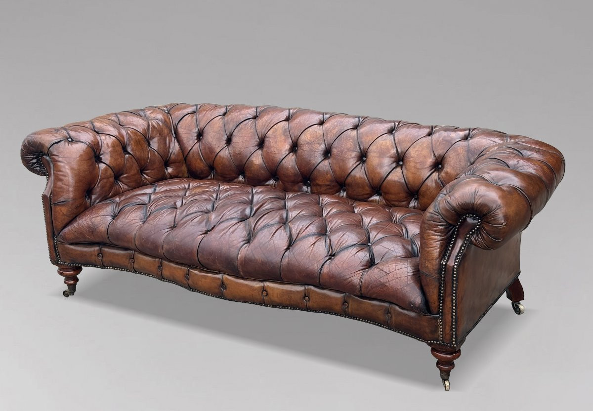 19ème Siècle, Canapé Chesterfield en Cuir Marron, Période Victorienne-photo-5