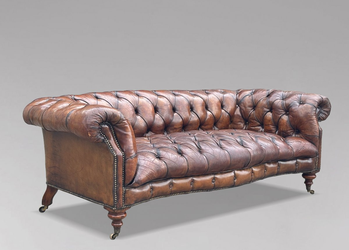 19ème Siècle, Canapé Chesterfield en Cuir Marron, Période Victorienne-photo-8