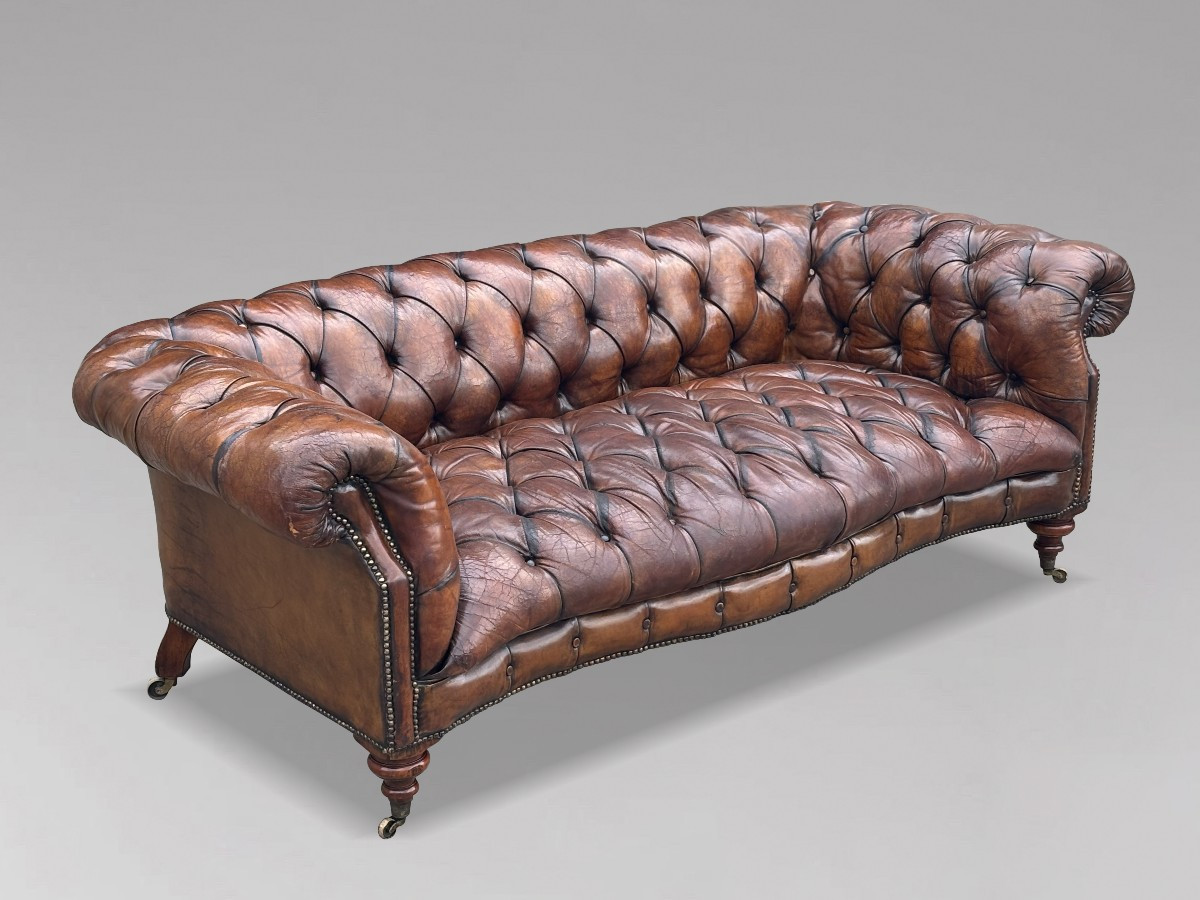 19ème Siècle, Canapé Chesterfield en Cuir Marron, Période Victorienne