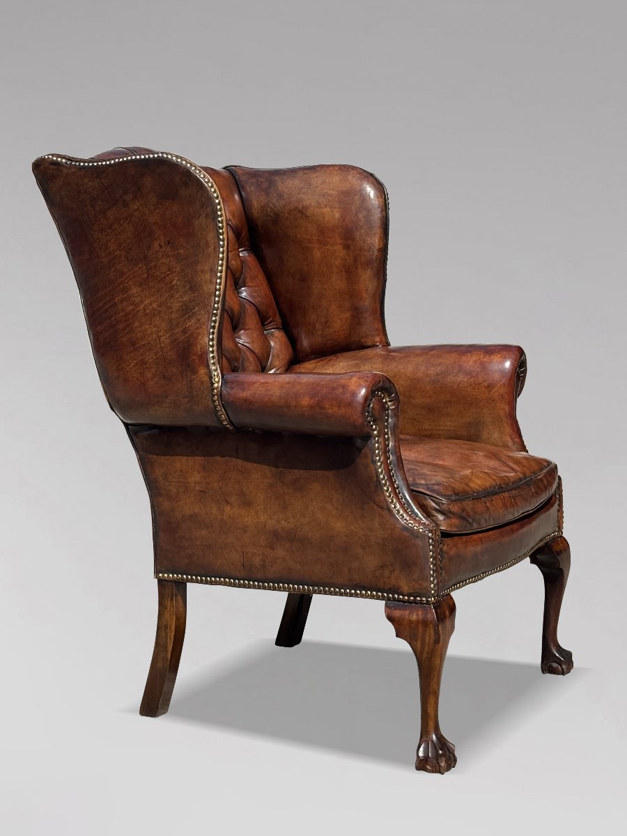 19ème Siècle, Fauteuil à Oreilles en Cuir Brun -photo-2