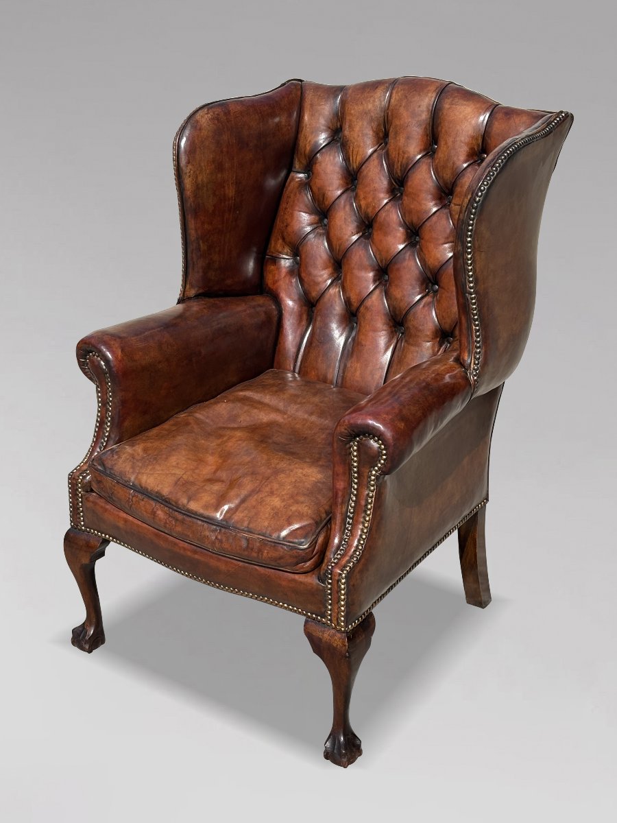 19ème Siècle, Fauteuil à Oreilles en Cuir Brun -photo-3
