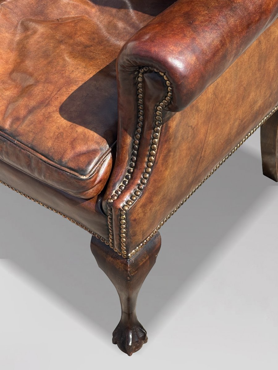 19ème Siècle, Fauteuil à Oreilles en Cuir Brun -photo-1