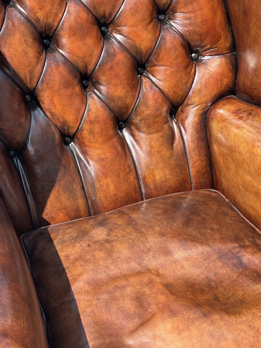 19ème Siècle, Fauteuil à Oreilles en Cuir Brun -photo-2
