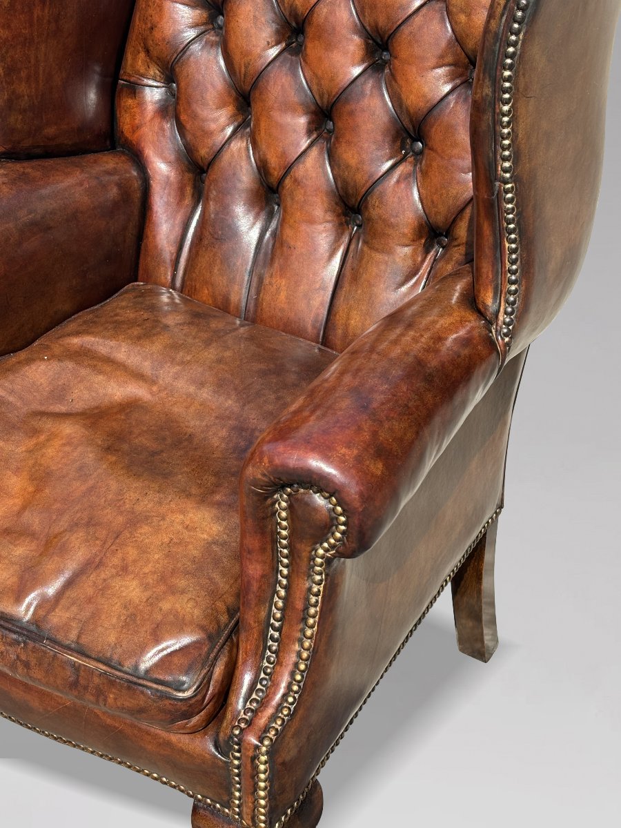 19ème Siècle, Fauteuil à Oreilles en Cuir Brun -photo-3