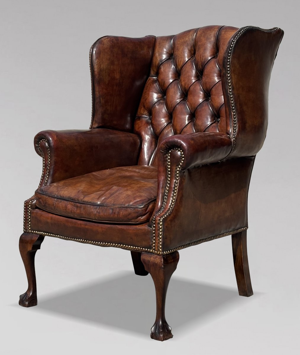 19ème Siècle, Fauteuil à Oreilles en Cuir Brun 