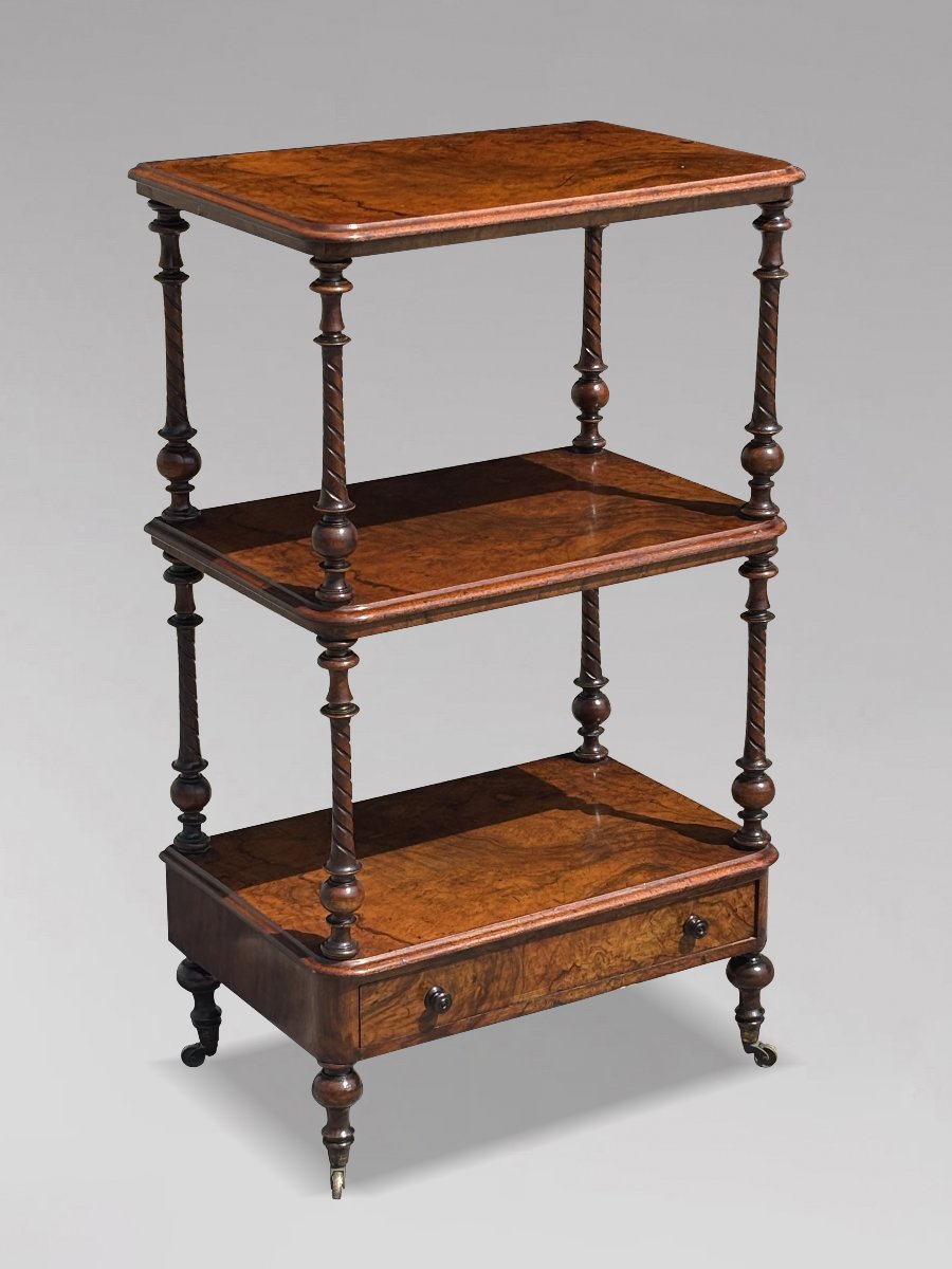 19th-century Victorian-period Burr Walnut Three-tier Whatnot-photo-5
