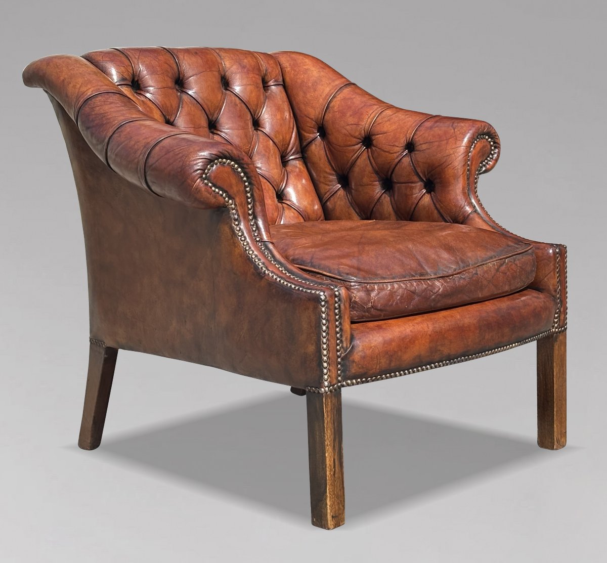 19th-century Victorian Period Brown Leather Club Armchair