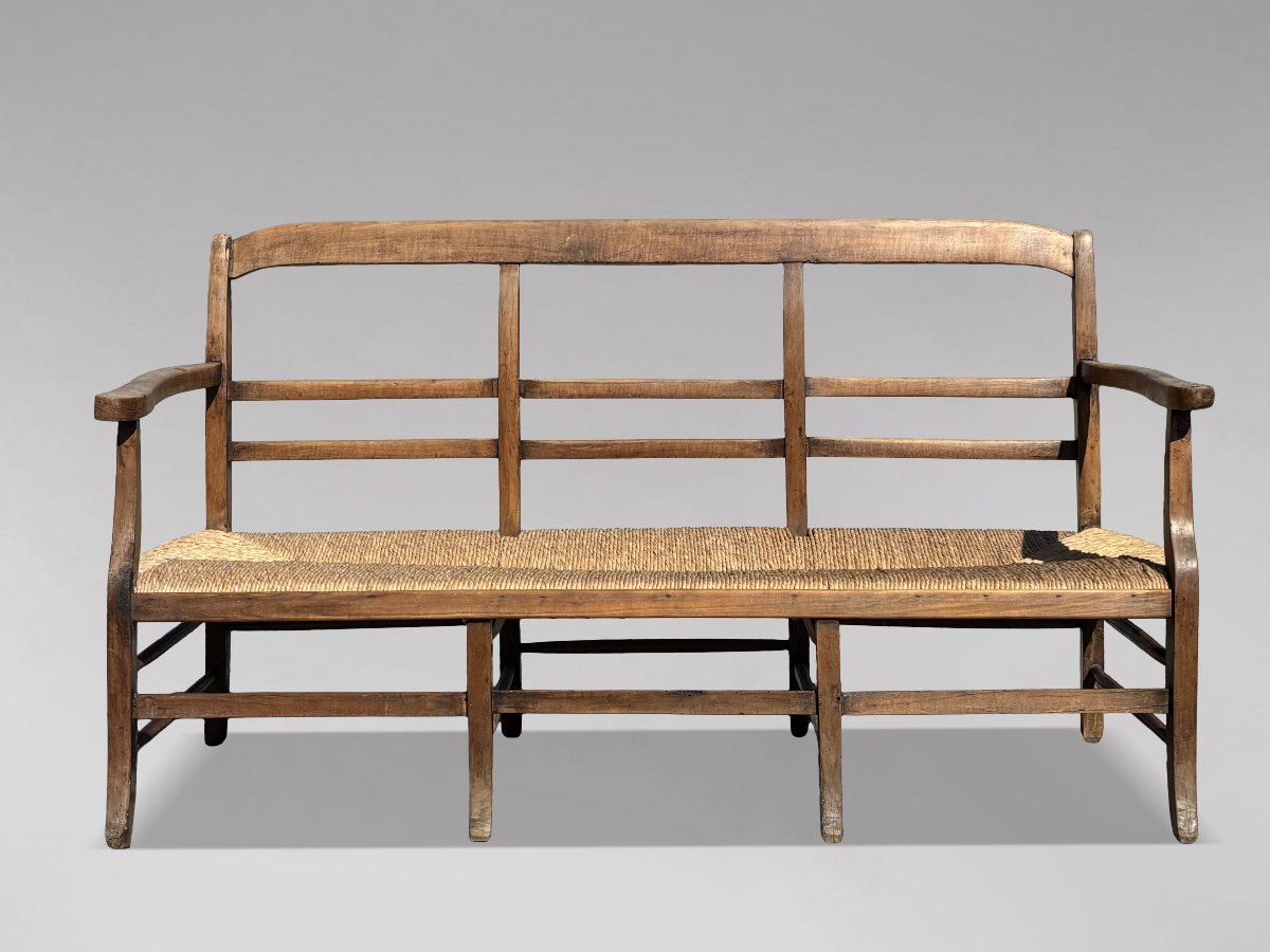 19th-century French Walnut Hall Bench With Rush Seat-photo-2