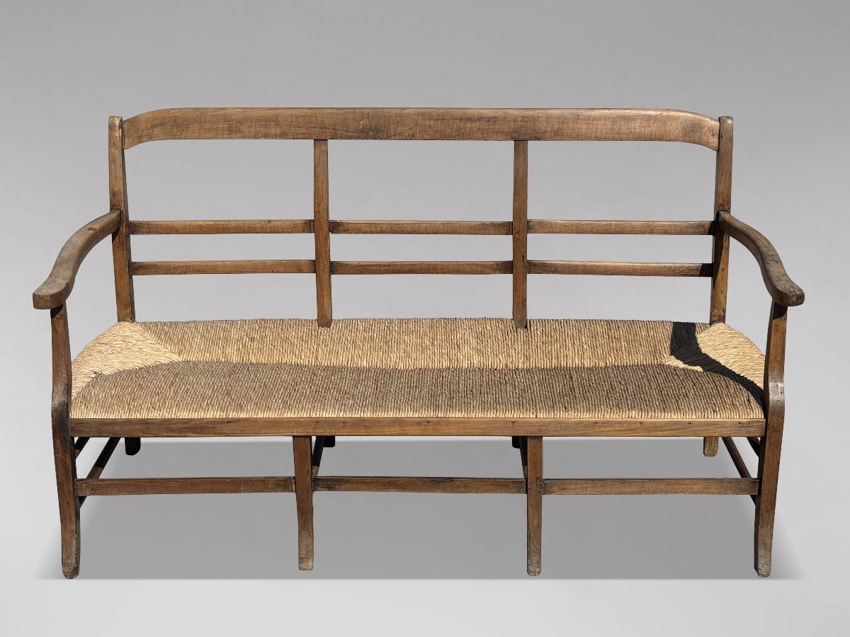 19th-century French Walnut Hall Bench With Rush Seat-photo-3