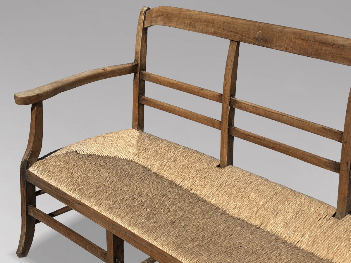 19th-century French Walnut Hall Bench With Rush Seat-photo-4