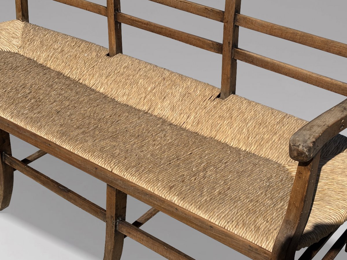 19th-century French Walnut Hall Bench With Rush Seat-photo-1