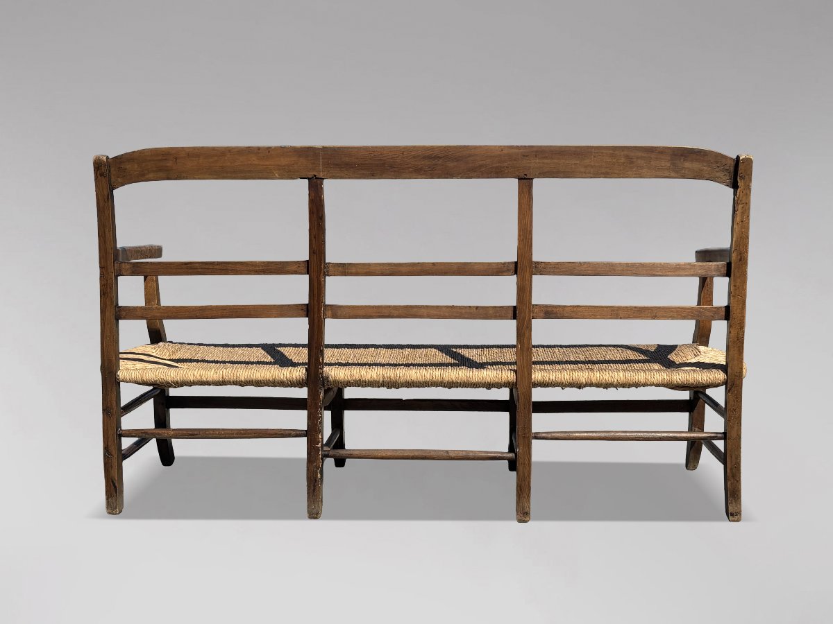 19th-century French Walnut Hall Bench With Rush Seat-photo-2