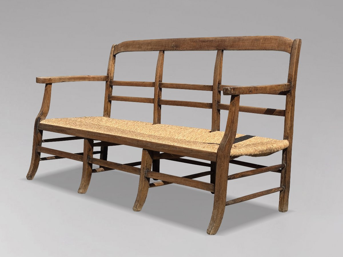 19th-century French Walnut Hall Bench With Rush Seat-photo-3