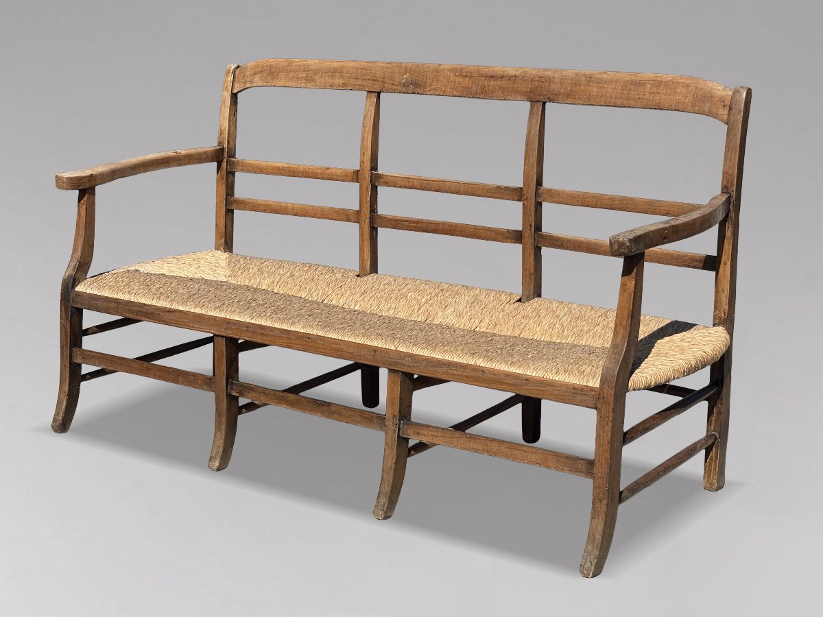 19th-century French Walnut Hall Bench With Rush Seat