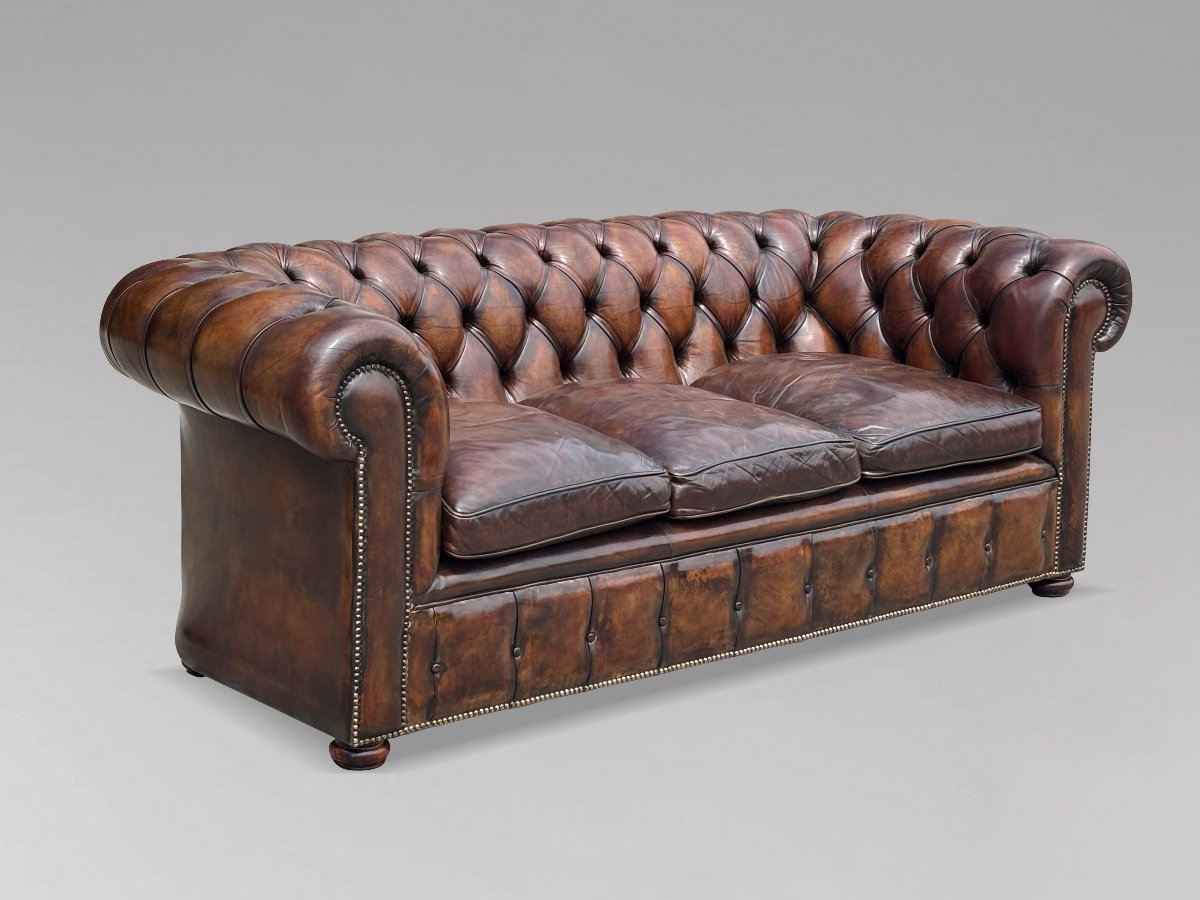 19ème Siècle, Chesterfield Victorien 3-Places en Cuir Marron-photo-2