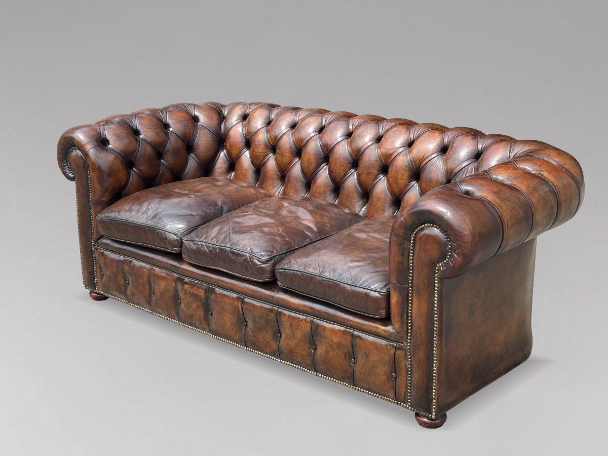 19ème Siècle, Chesterfield Victorien 3-Places en Cuir Marron-photo-3