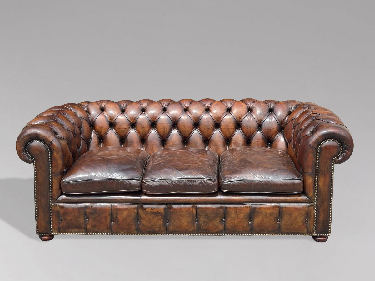 19ème Siècle, Chesterfield Victorien 3-Places en Cuir Marron-photo-4