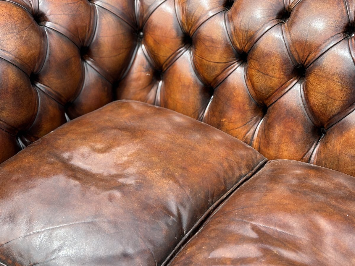 19ème Siècle, Chesterfield Victorien 3-Places en Cuir Marron-photo-2