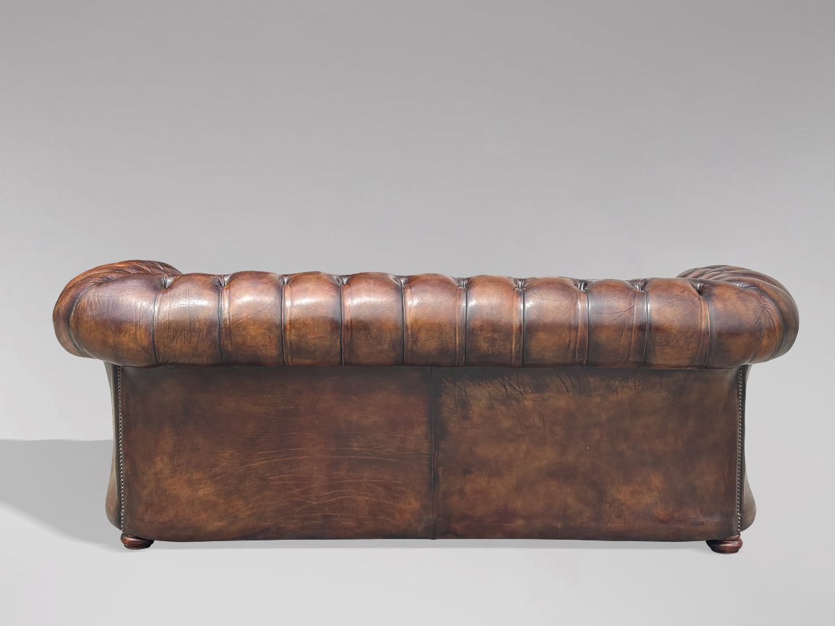19ème Siècle, Chesterfield Victorien 3-Places en Cuir Marron-photo-4