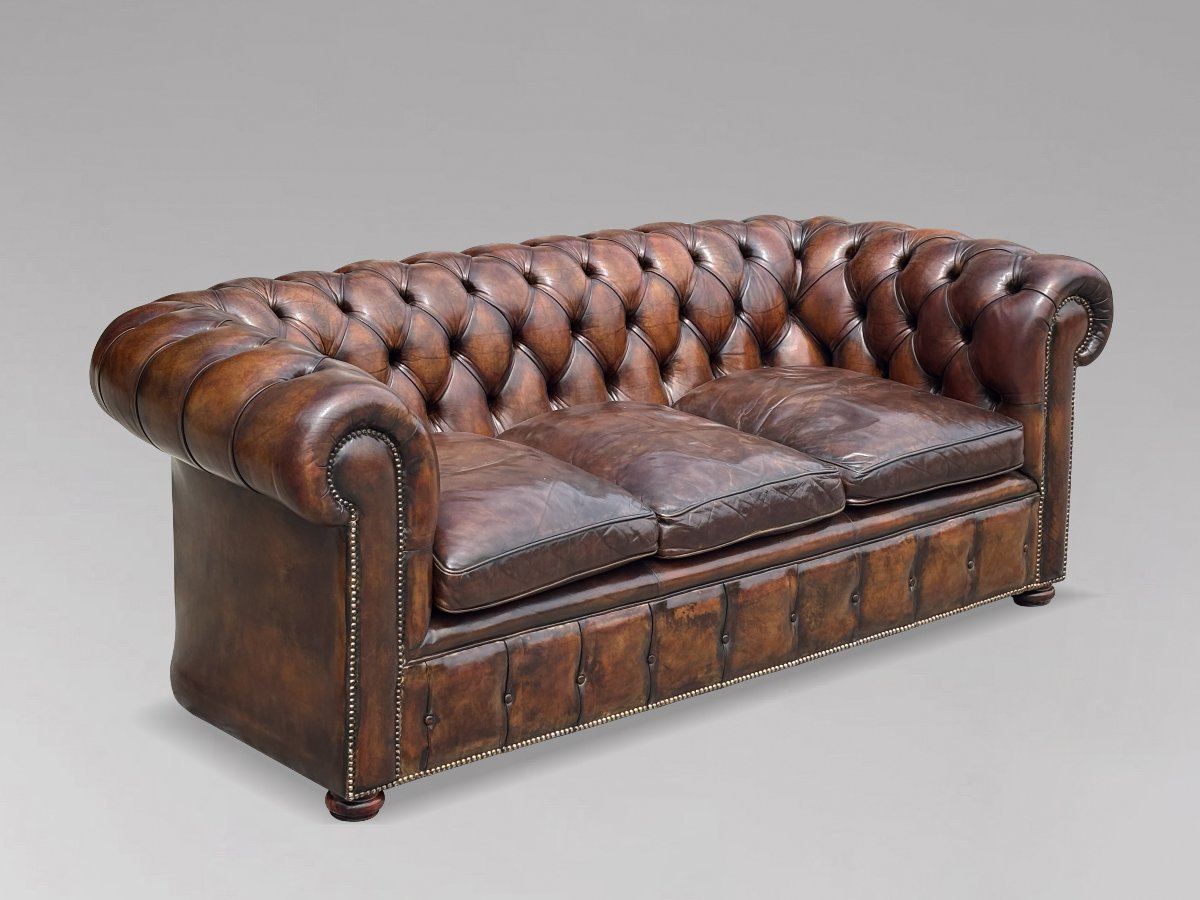 19ème Siècle, Chesterfield Victorien 3-Places en Cuir Marron-photo-6